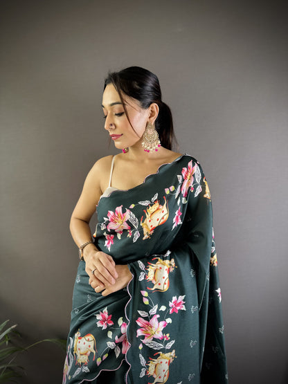 Green Gadhwal Silk Saree With Pichwai Print And Embroidery Cut Work