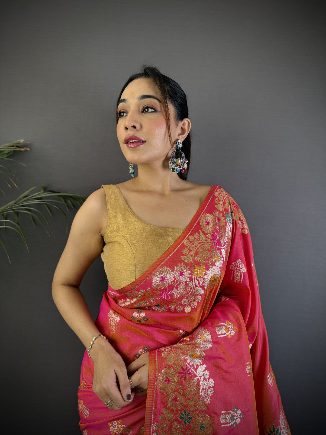 Peach Premium Banarasi Silk Saree With Meenakari Zari Weaving Work