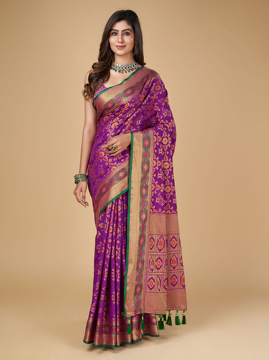 Purple Color Patola Silk Saree With Zari Weaving Work