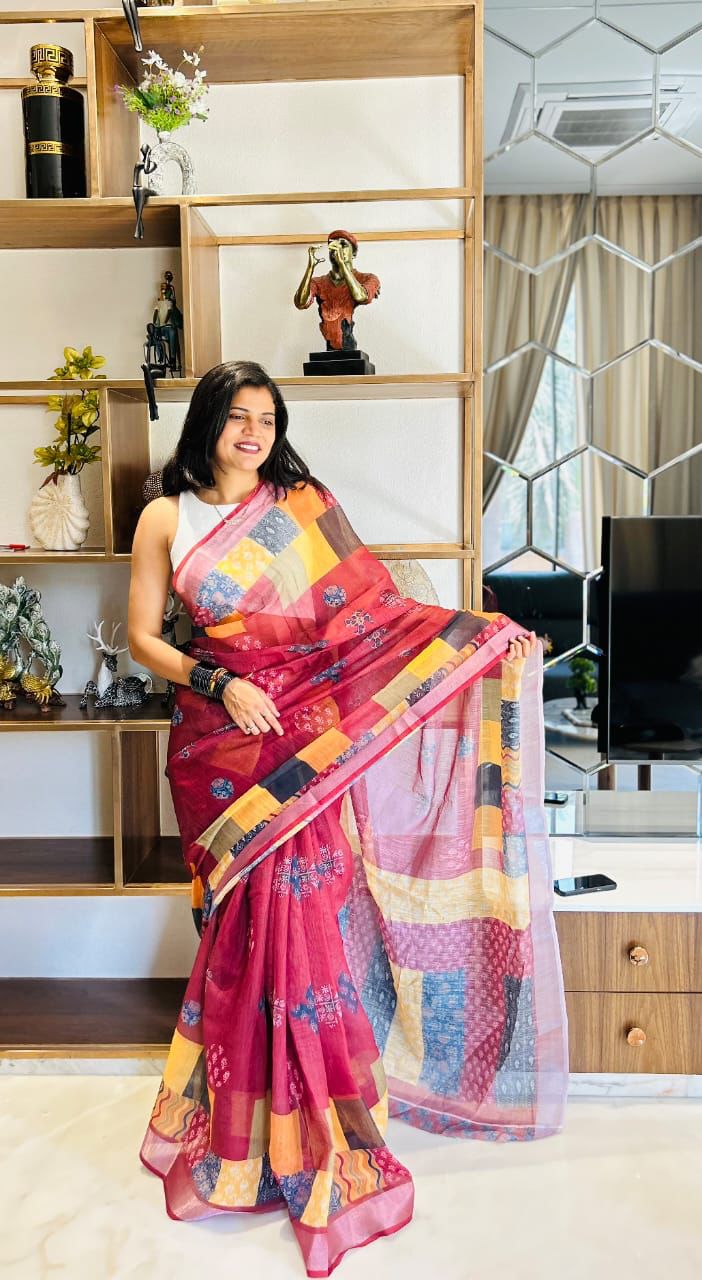 Red Office Wear Linen Cotton Saree With Digital Printed Work