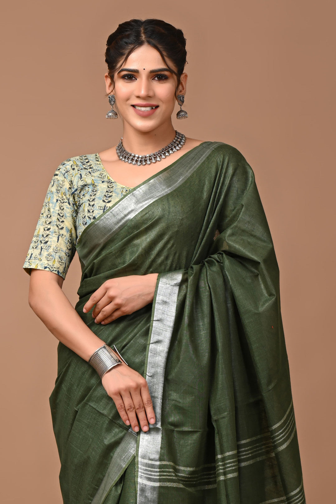Mahendi Green Colour Pure Plain Linen Cotton Saree With Ajrakh Blockprinted Cotton Blouse