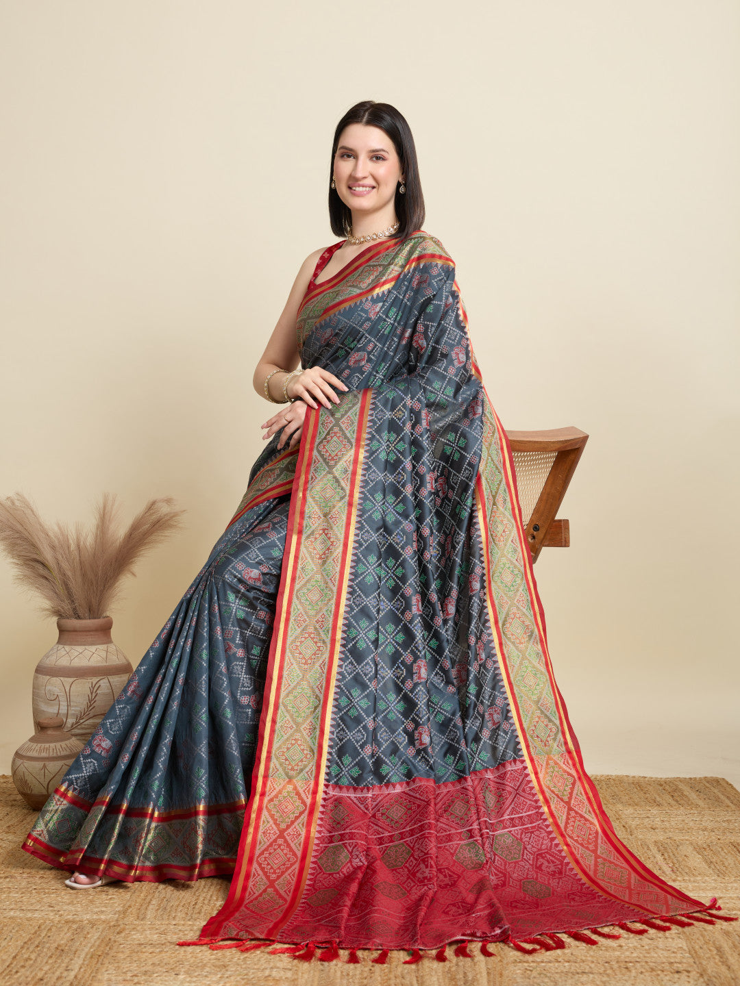 Gray Traditional Patola Silk Saree With Weaving Work