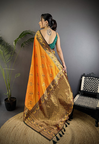 Orange Traditional Banarasi Silk Saree With Zari Weaving Work