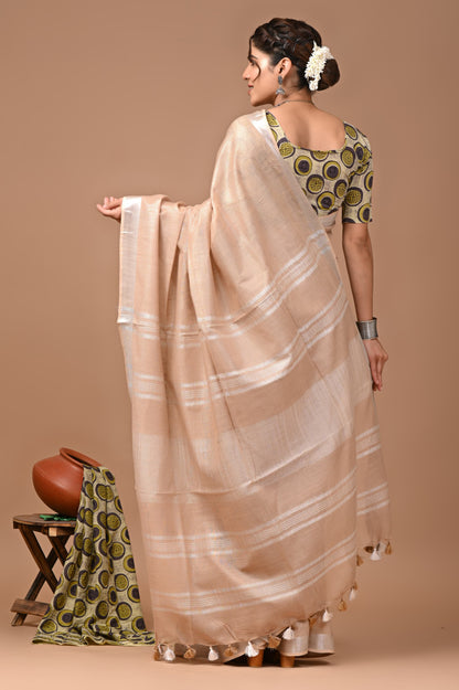 Cream Colour Pure Plain Linen Cotton Saree With Ajrakh Blockprinted Cotton Blouse