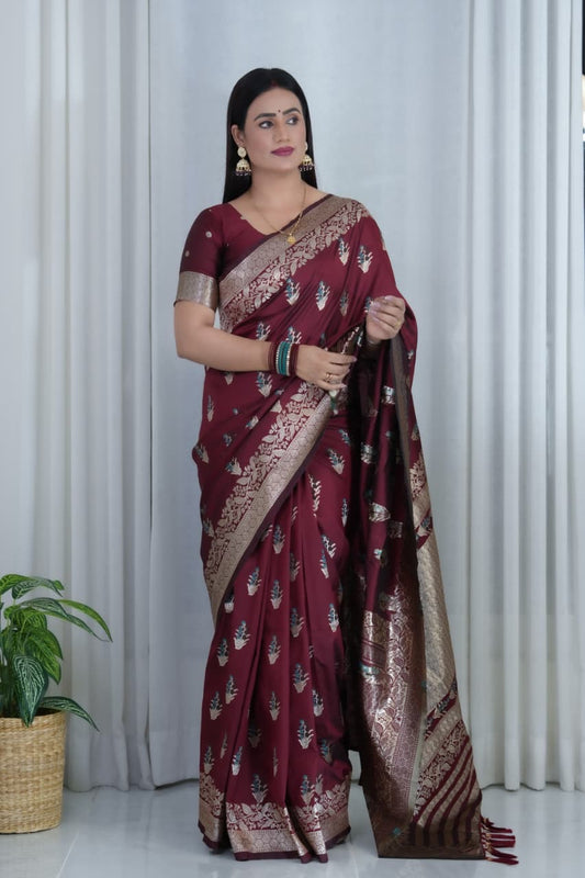 Wine Pure Soft Banarasi Saree With Meenakari Weaving Work