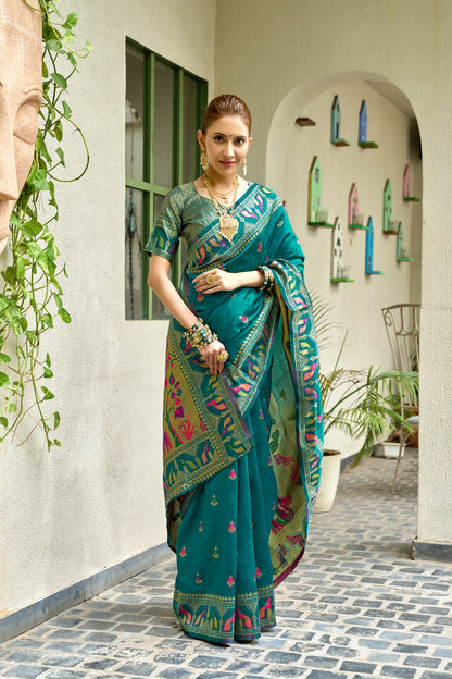 Traditional Rama Green Paithani Silk Saree With Zari Weaving Work
