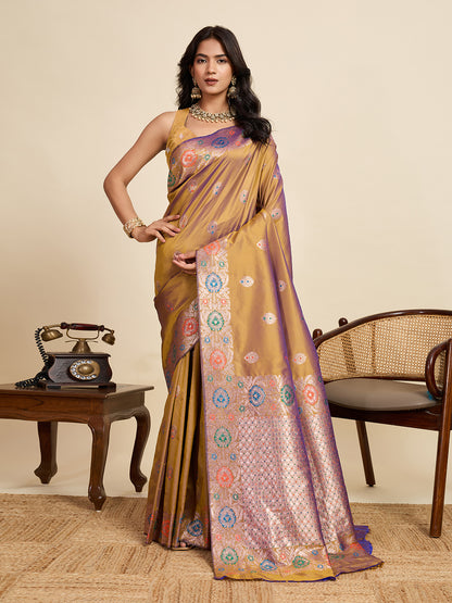Traditional Mustard Yellow Color Jacquard Silk Saree With Zari Work