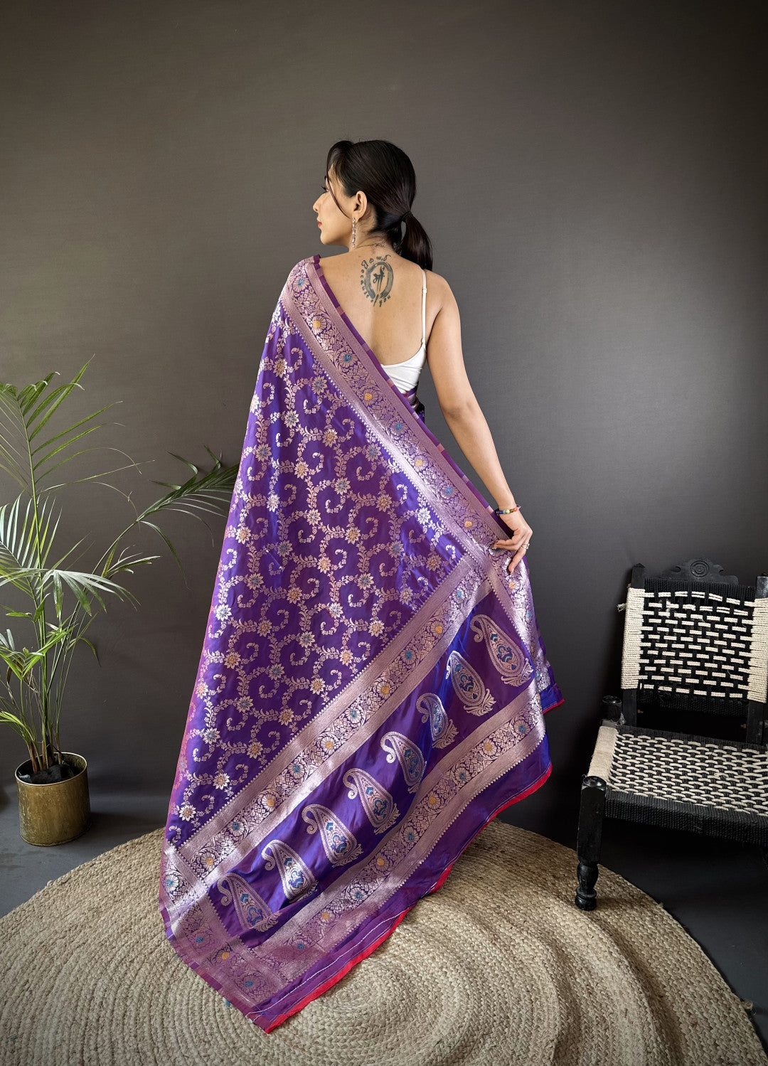 Purple Banarasi Silk Saree With Meenakari Zari Weaving Work