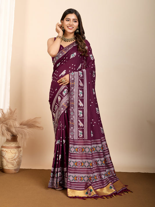Traditional Muslin Dola Silk Saree With Meenakari Zari Weaving Work