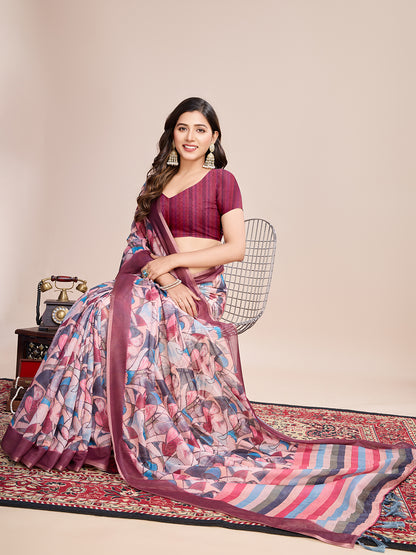 Multi Soft Linen Cotton Saree With Floral Printed Work
