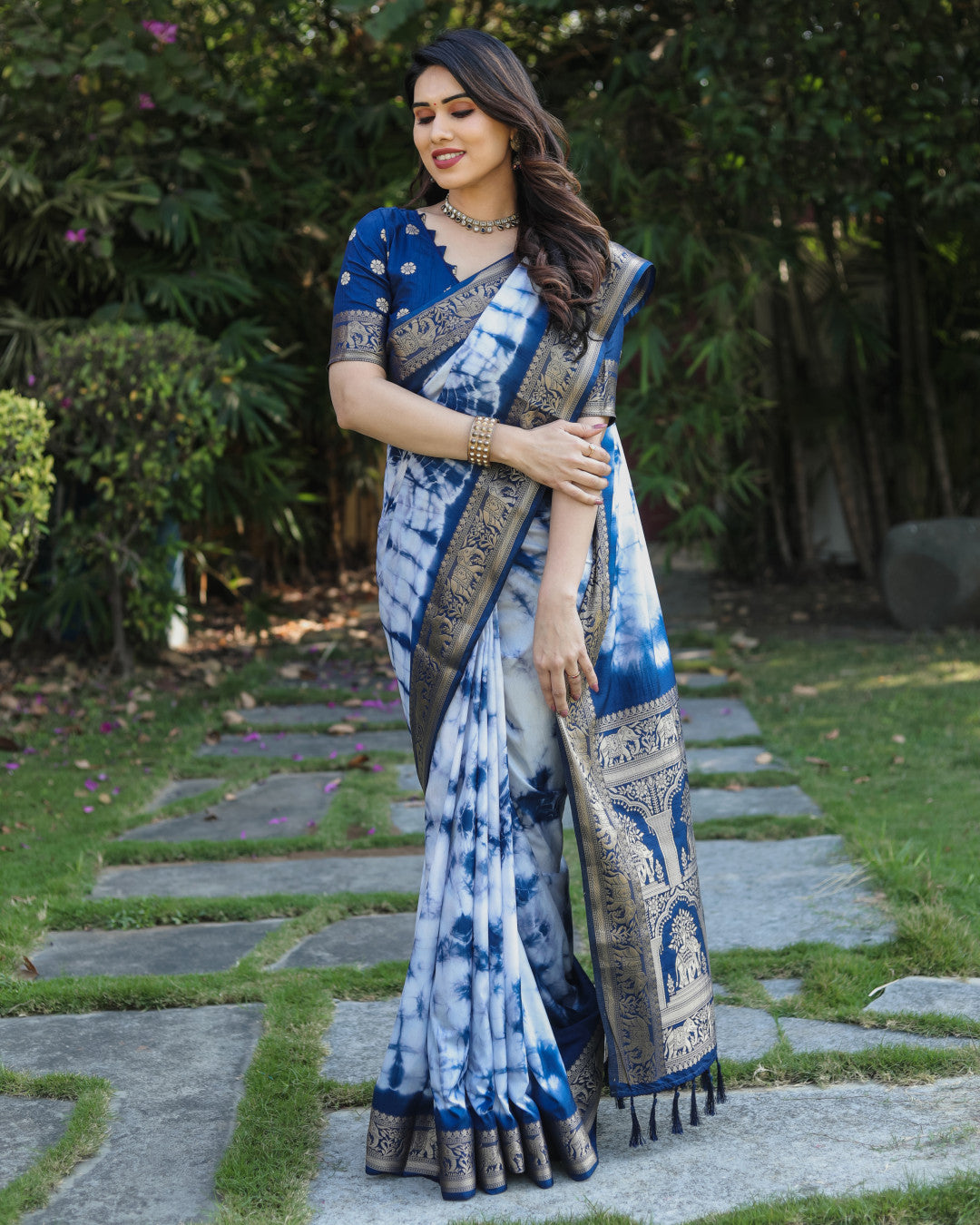 Navy Blue Color Dola Silk Saree With Shibori Printed Work