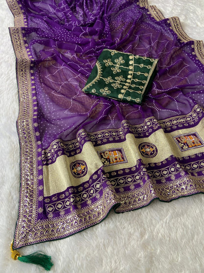 Purple Vichitra Silk Saree With Khadi Bandhej Heavy Pallu With Hotpcs C Pallu Work