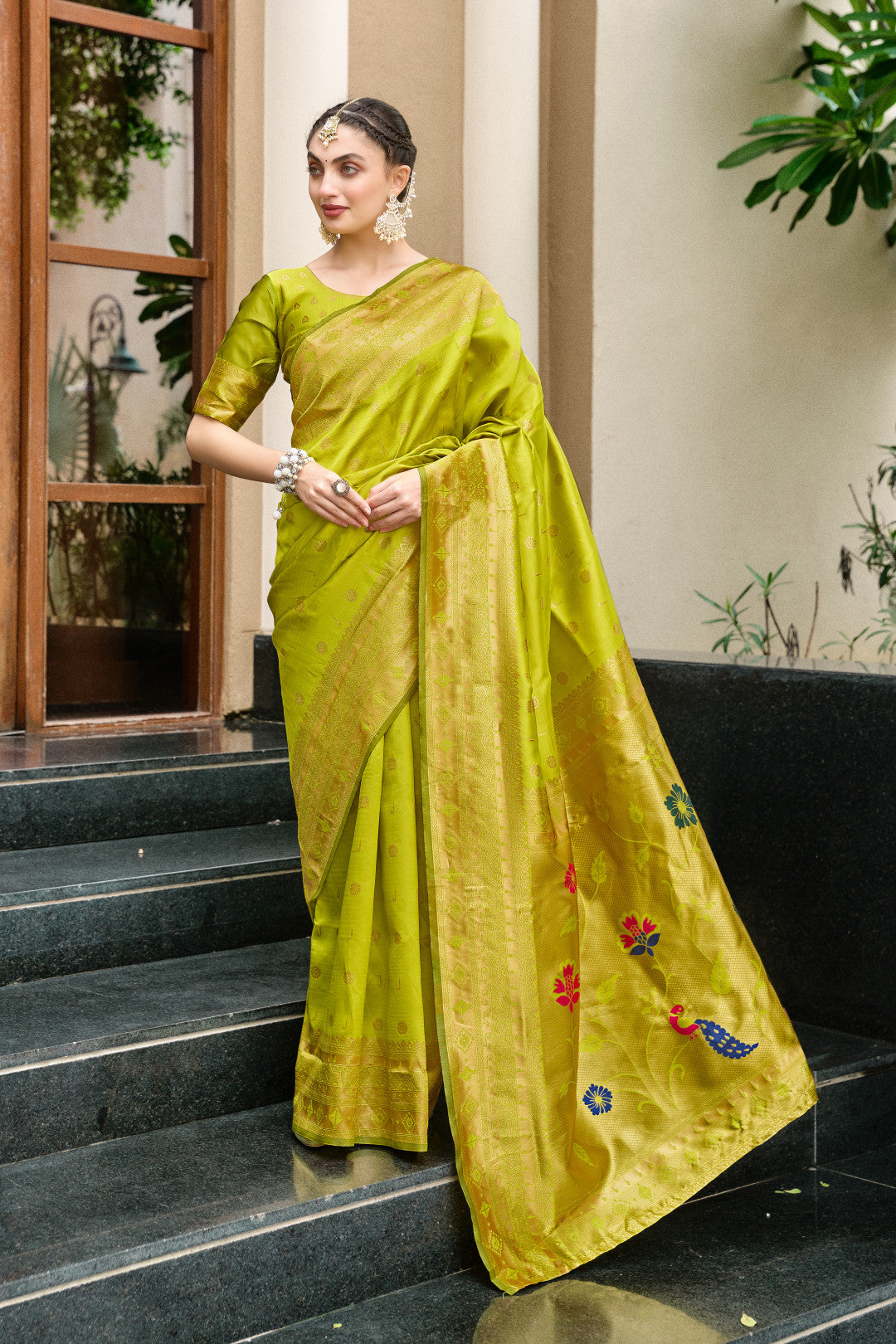 Traditional Parrot Green Paithani Silk Saree With Zari Weaving Work