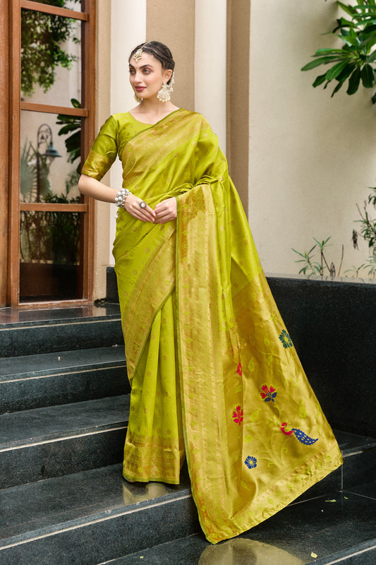 Traditional Parrot Green Paithani Silk Saree With Zari Weaving Work
