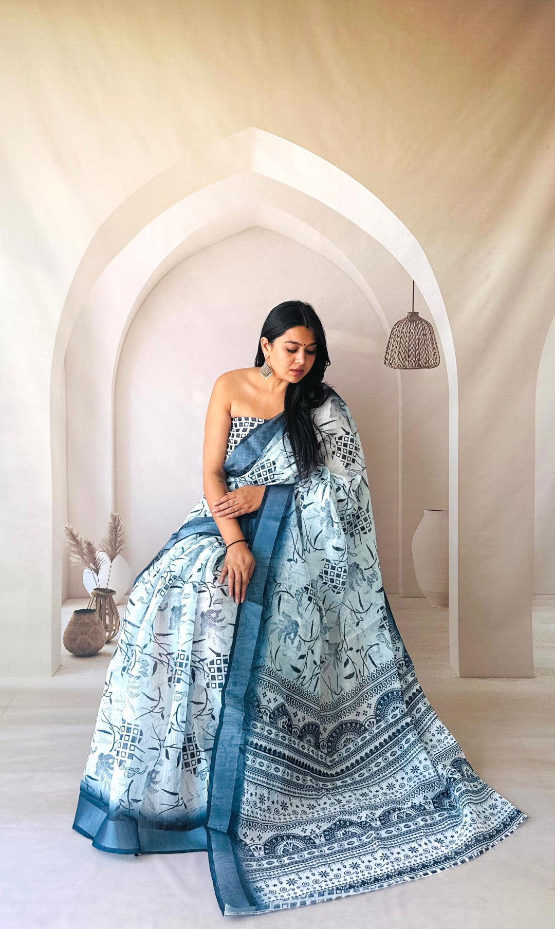 Multi Digital Printed Flowy Linen Cotton Saree