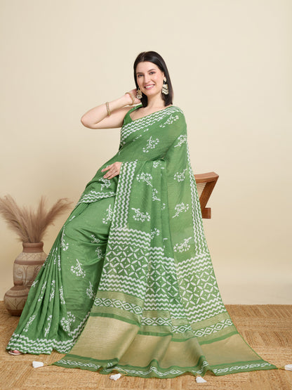 Pista Green Batik Printed Soft Cotton Saree With Sequence Work