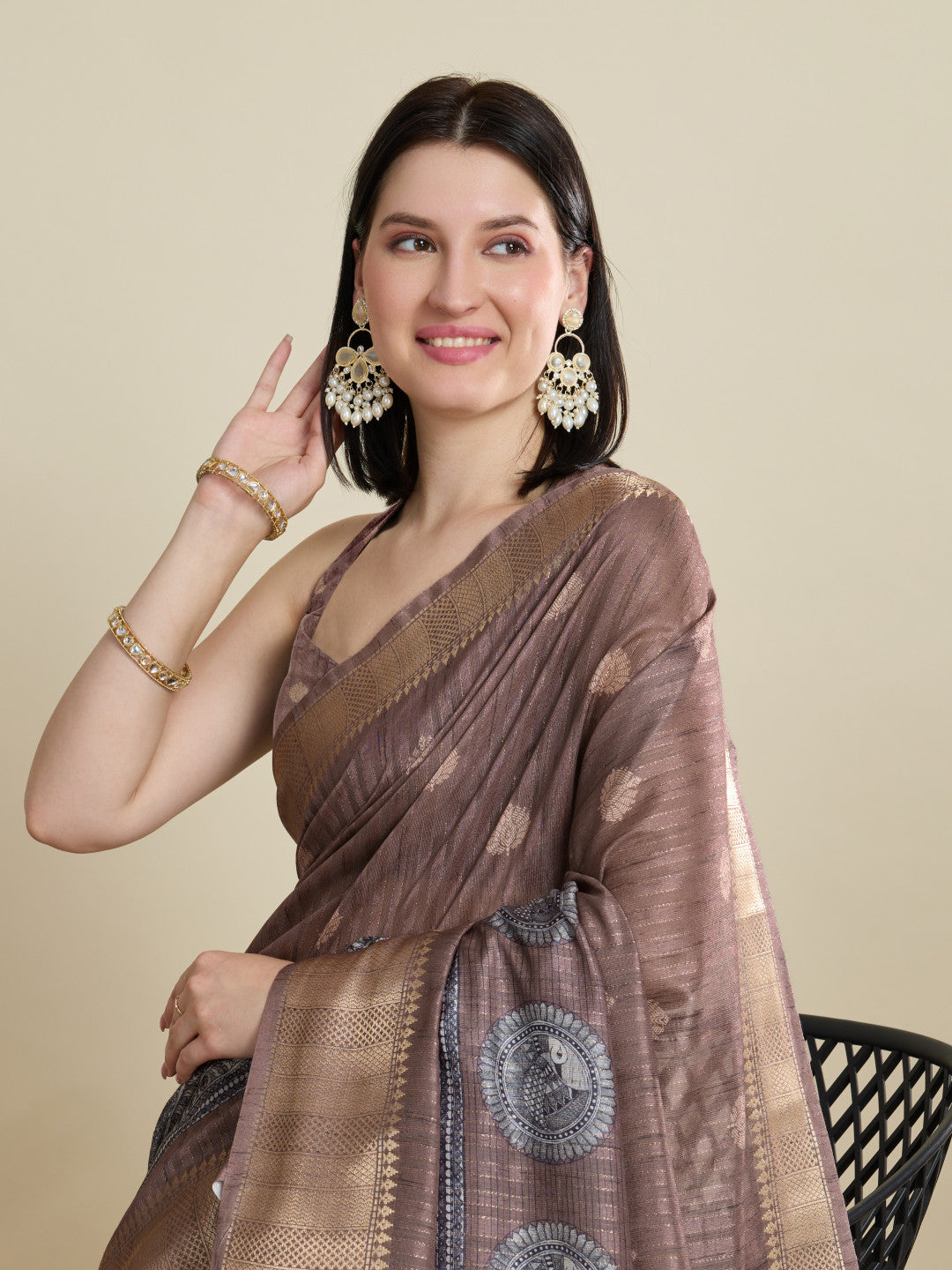 Coffee Soft Cotton Saree With Kalamkari Digital Printed Pallu & Zari Border