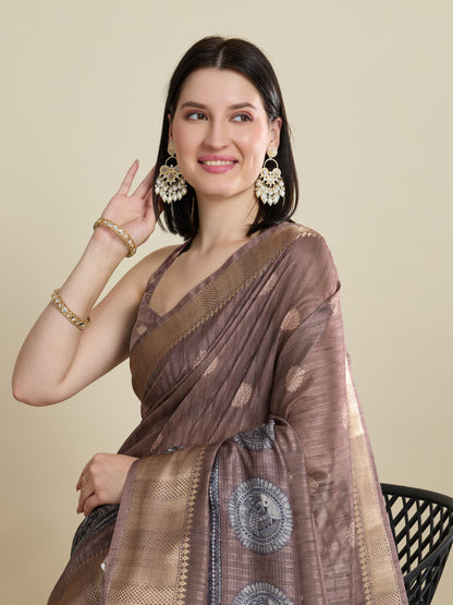 Coffee Soft Cotton Saree With Kalamkari Digital Printed Pallu & Zari Border
