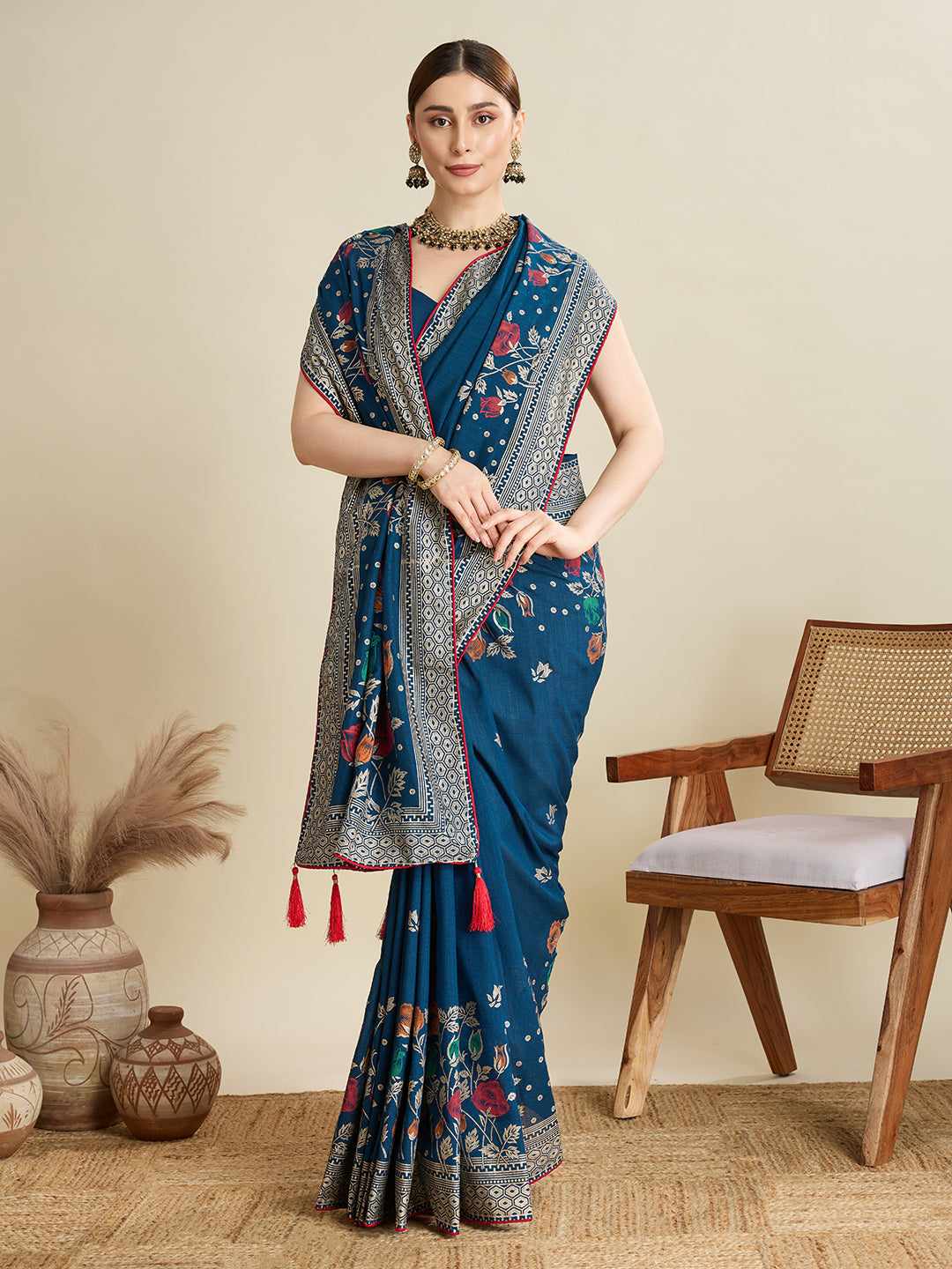 Navy Blue Cotton Saree With Table Printed And Foil Work With Pipeing Border
