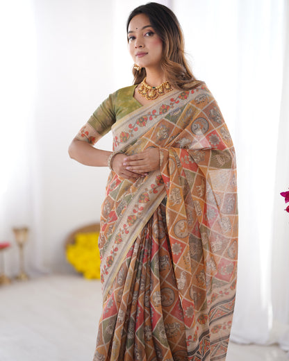 Multi Color Kalamkari Digital Printed Linen Cotton Saree