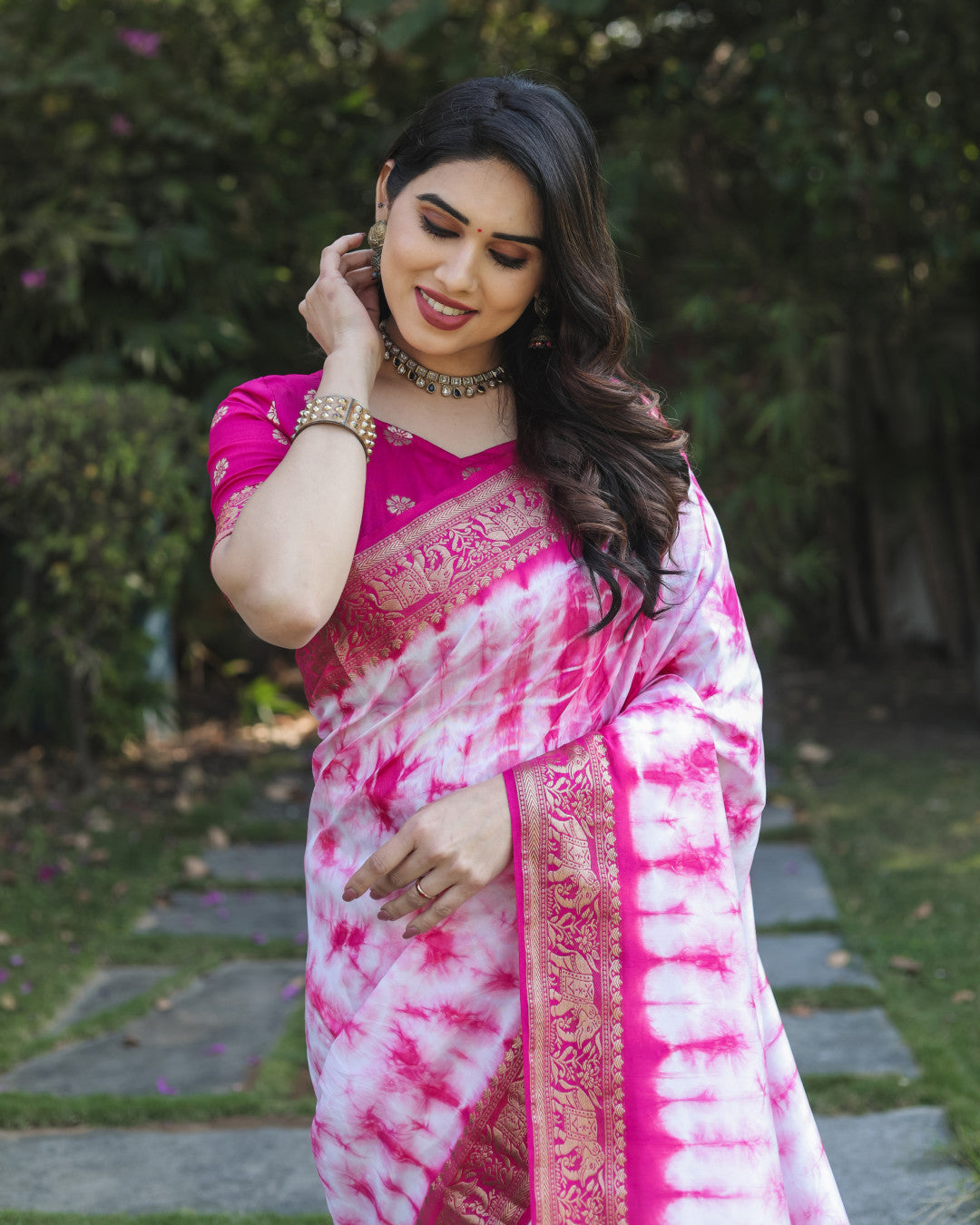 Rani Pink Color Dola Silk Saree With Shibori Printed Work