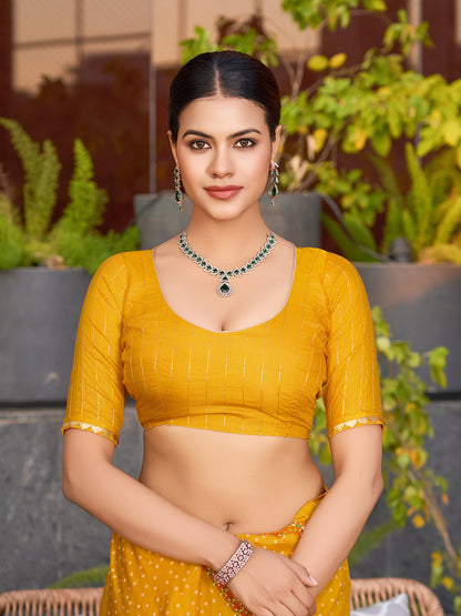Yellow Stylist Soft Cotton Saree With Unique Table Printed & Lace Border