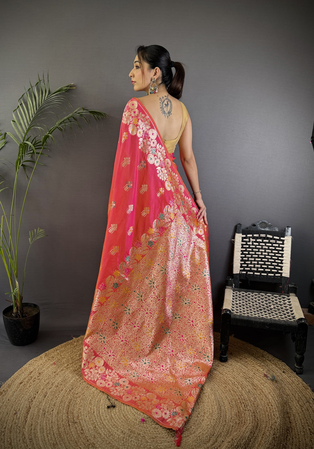 Peach Premium Banarasi Silk Saree With Meenakari Zari Weaving Work