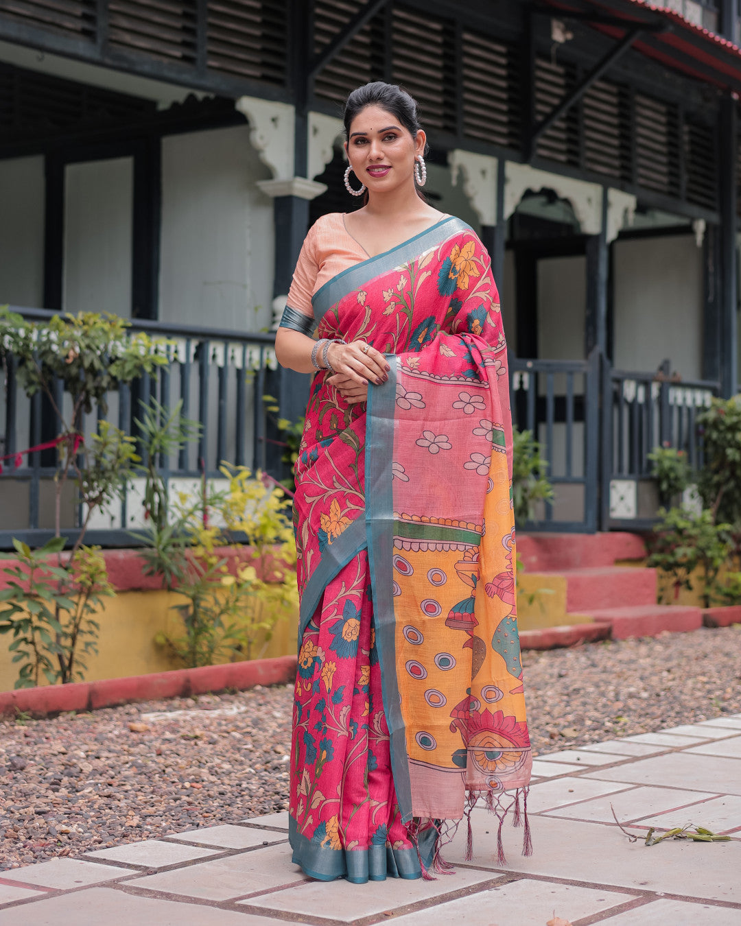Pink Soft Linen Cotton Saree With Kalamkari Digital Printed Work