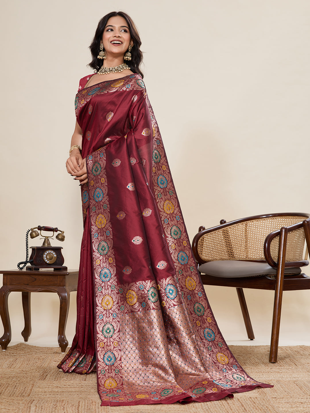 Traditional Maroon Color Jacquard Silk Saree With Zari Work