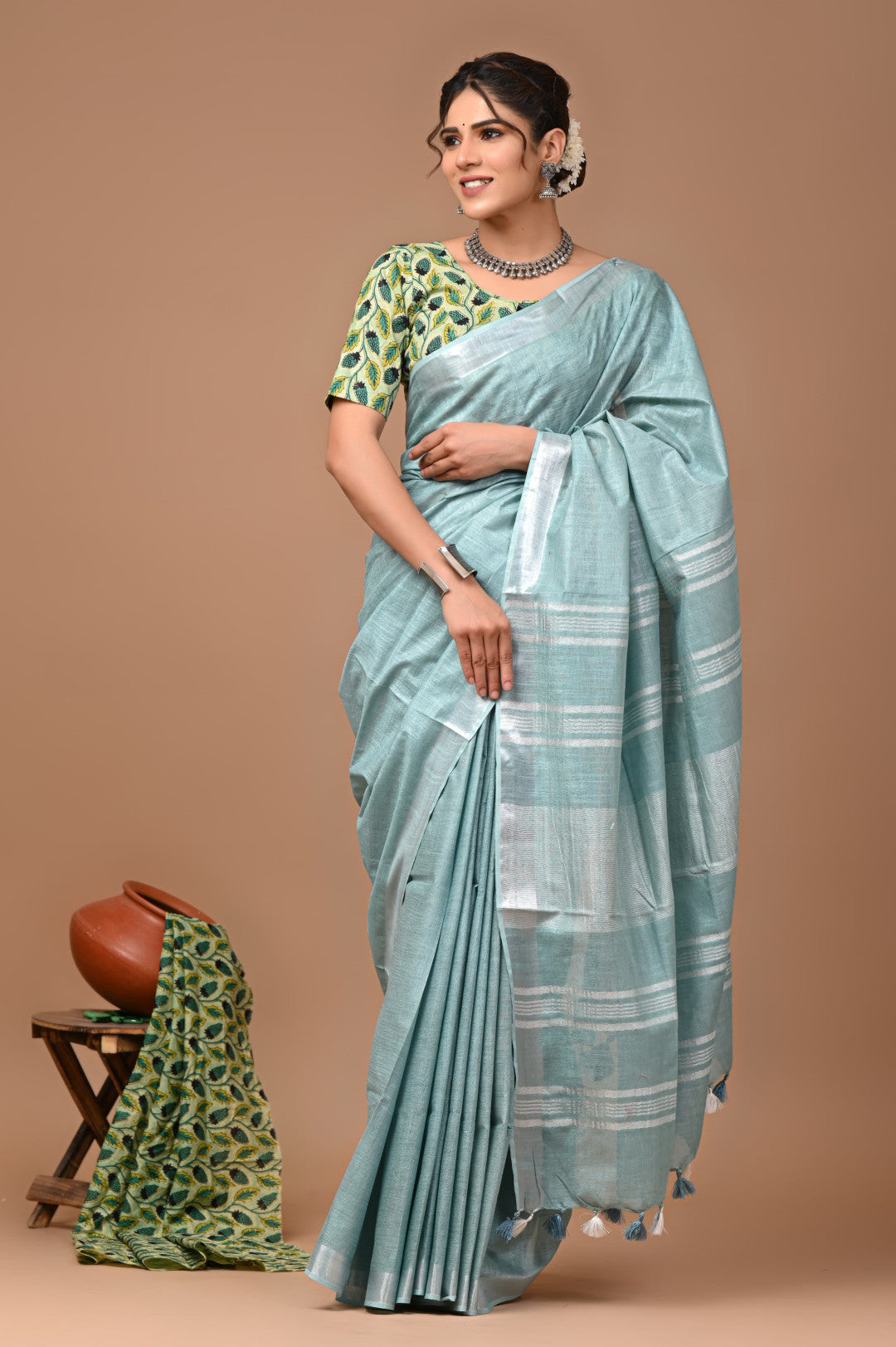 Light Blue Colour Pure Plain Linen Cotton Saree With Ajrakh Blockprinted Cotton Blouse