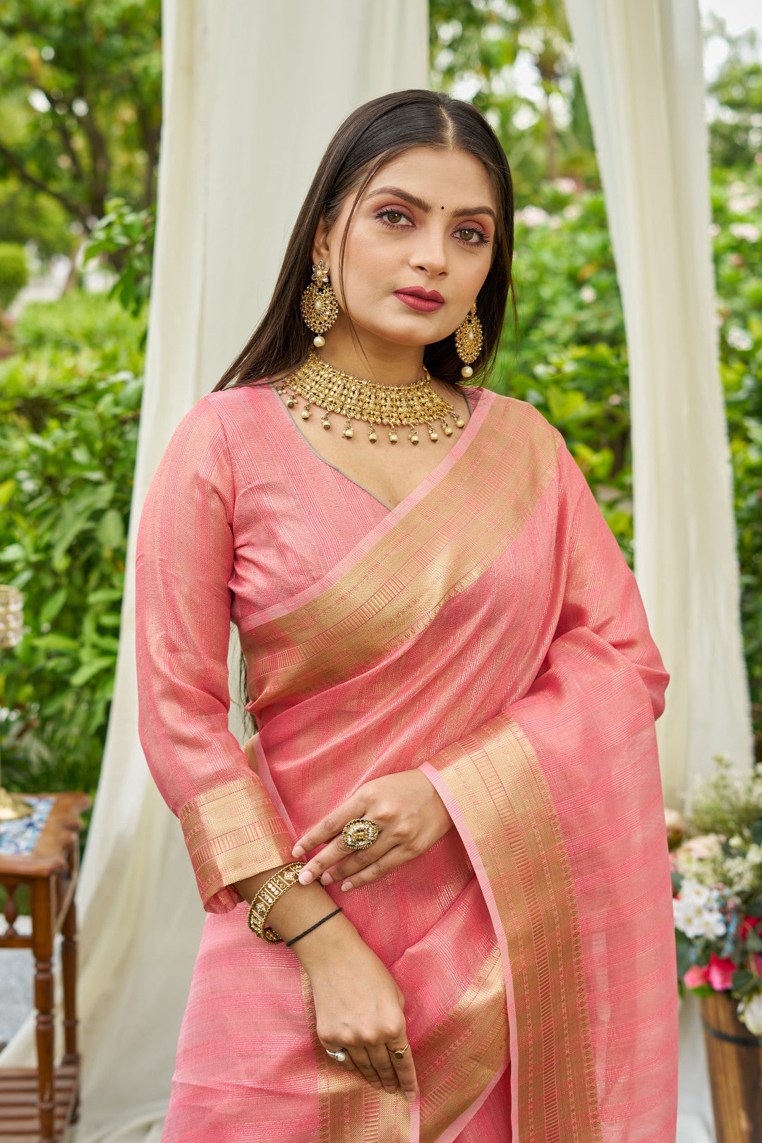 Peach Colour Linen Cotton Saree With Zari Weaving Border