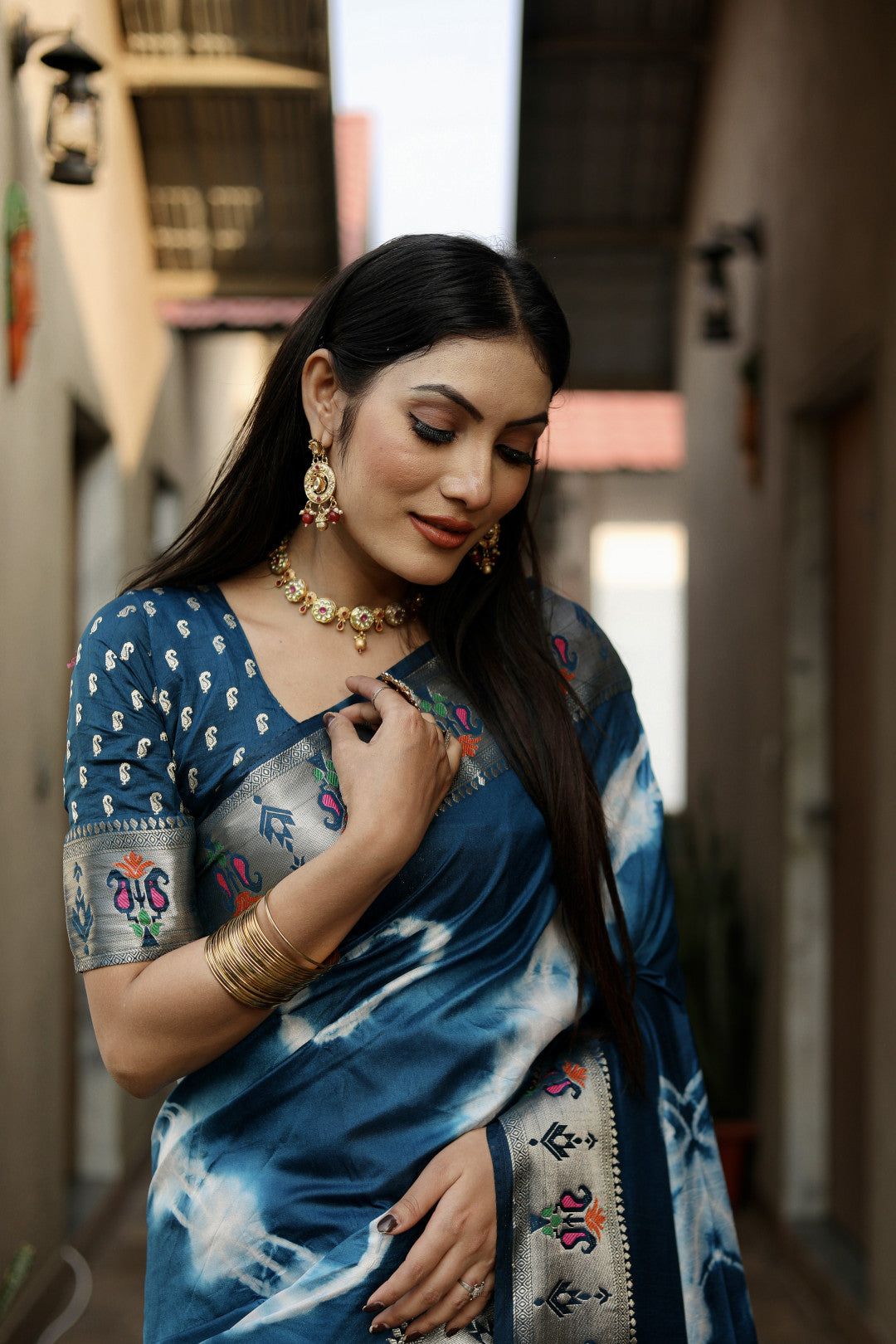 Firoji Color Soft Dola Silk Saree With Shibori Print & Zari Weaving Work