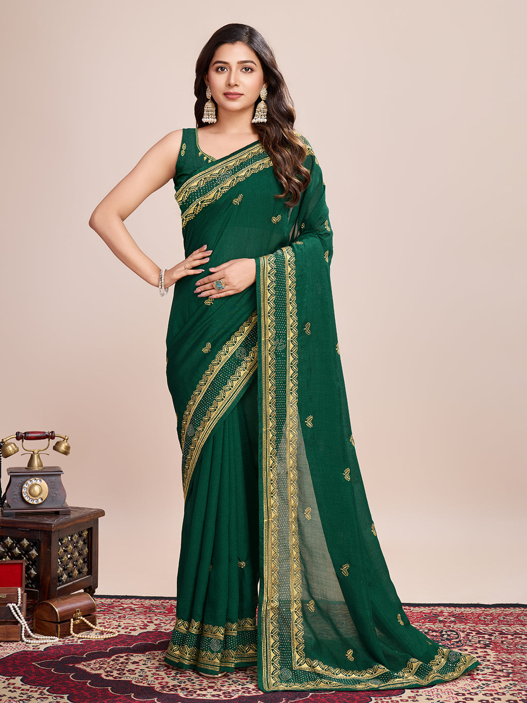 Fancy Green Soft Vichitra Silk Saree With Embroidery Work