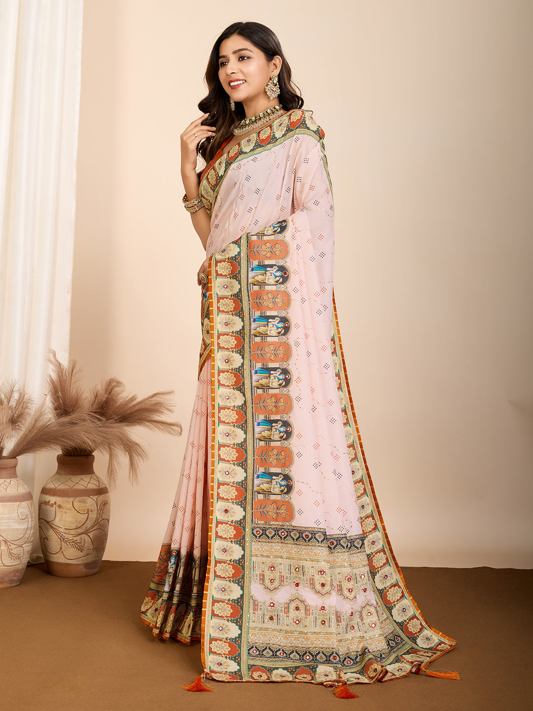 Peach Fancy Muslin Cotton Saree With Digital Printed Work