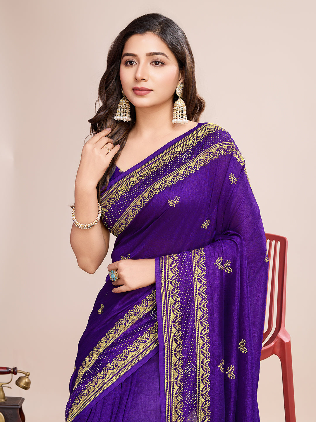 Fancy Purple Soft Vichitra Silk Saree With Embroidery Work