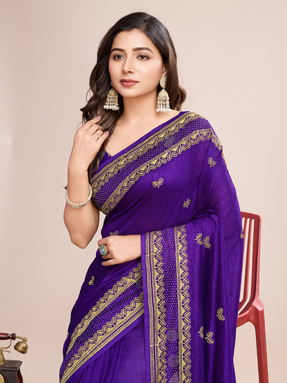 Fancy Purple Soft Vichitra Silk Saree With Embroidery Work