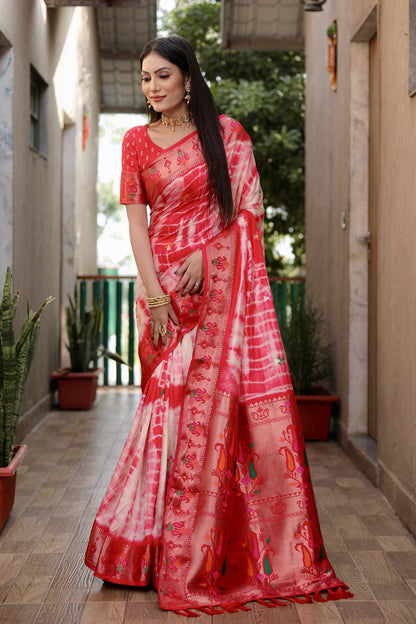 Red Color Dola Silk Saree With Shibori Print & Zari Weaving Work