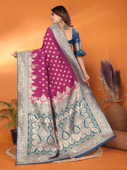 Wine Traditional Banarasi Silk Saree With Zari Weaving Work