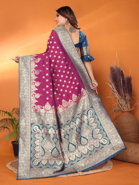 Wine Traditional Banarasi Silk Saree With Zari Weaving Work