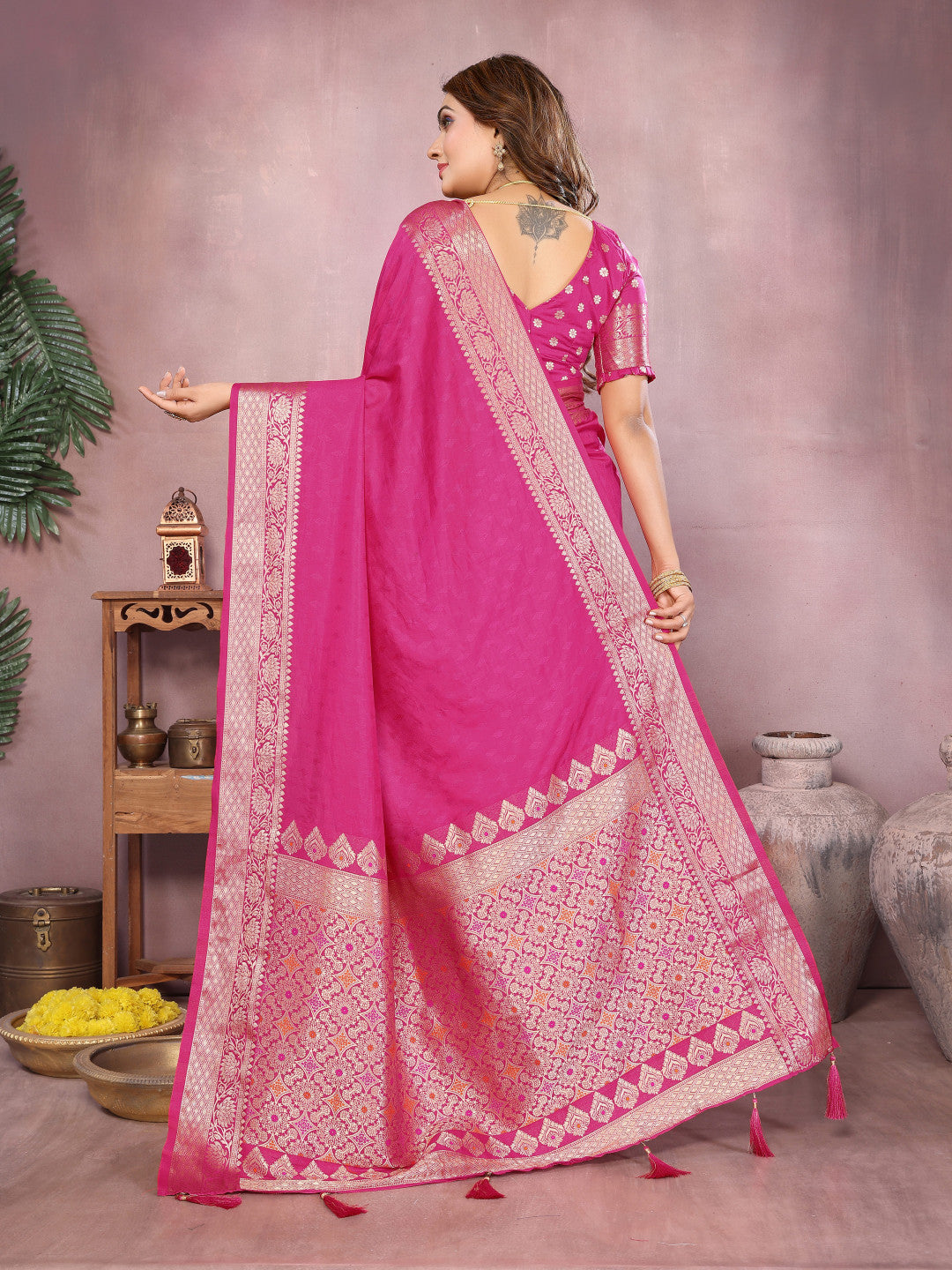 Pink Premium Dola Silk Saree With Meenakari Weaving Work