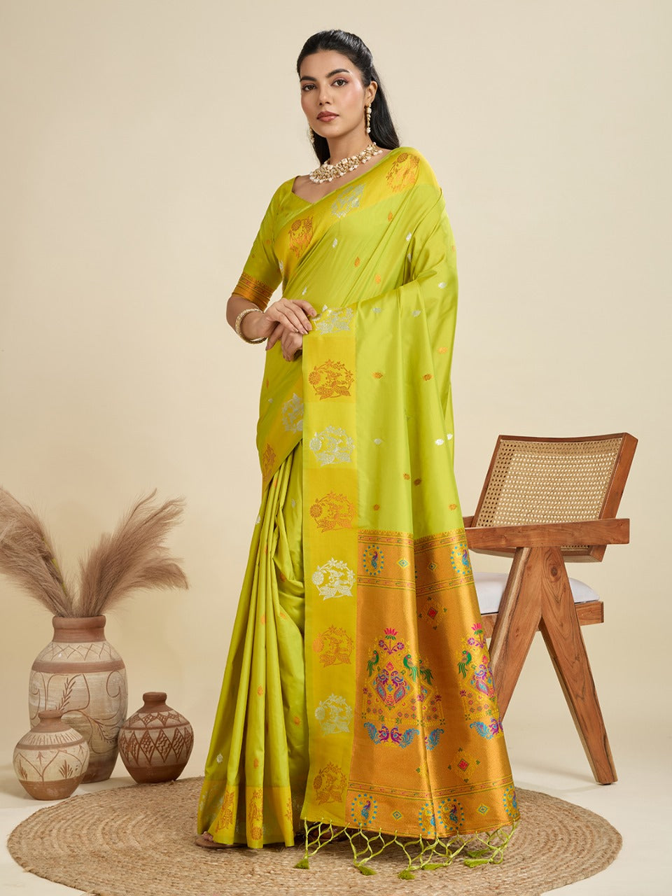 Pista Green Kanjivaram Silk Saree With Zari Weaving Butta Border & Designer Rich Paithani Pallu