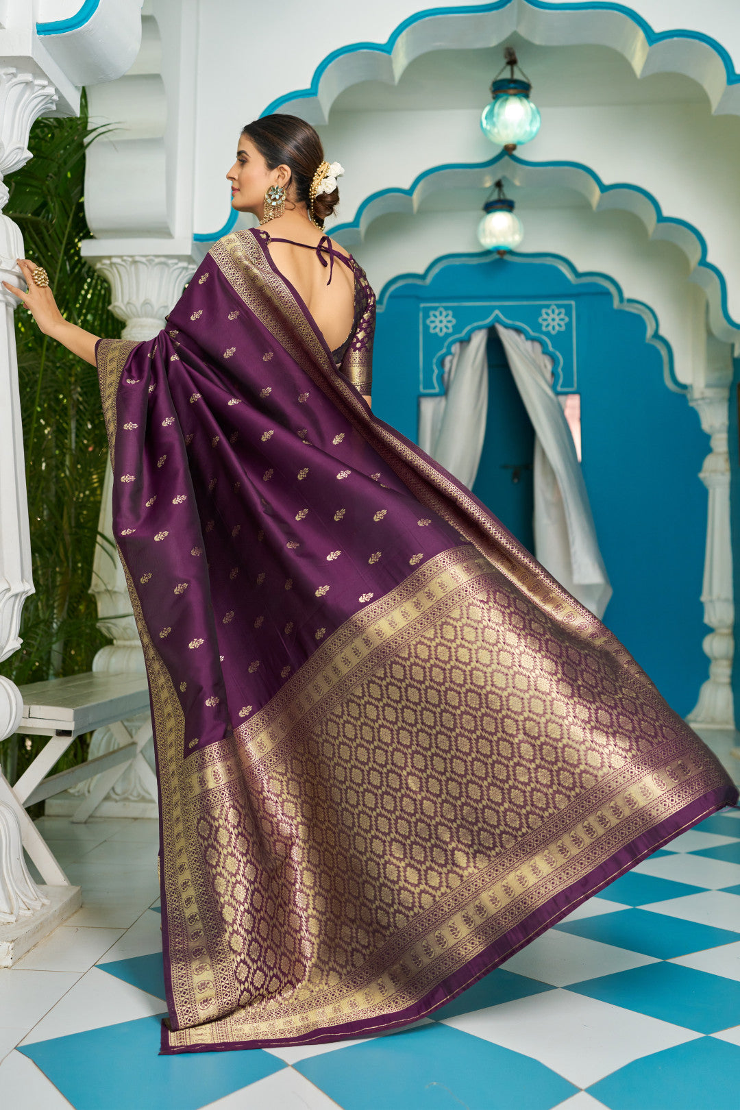 Wine Banarasi Silk Blend Zari Woven Work