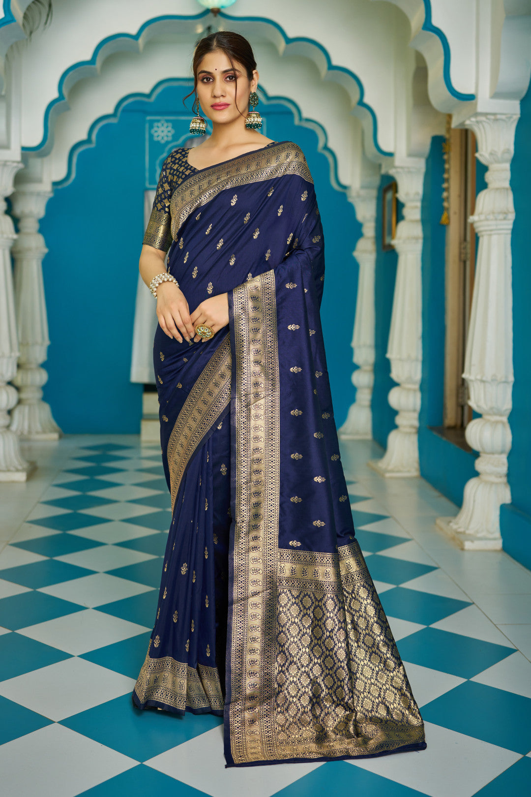 Navy Blue Banarasi Silk Blend Zari Woven Work