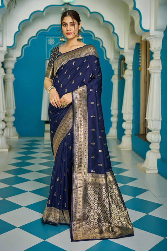 Navy Blue Banarasi Silk Blend Zari Woven Work