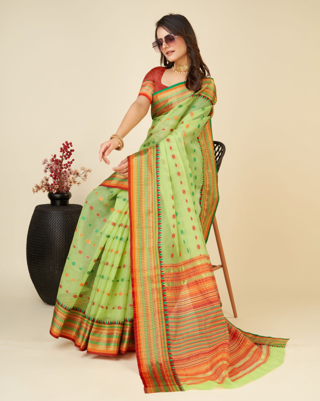 Pista Green Color Kota Doriya Saree With Zari Weaving Work