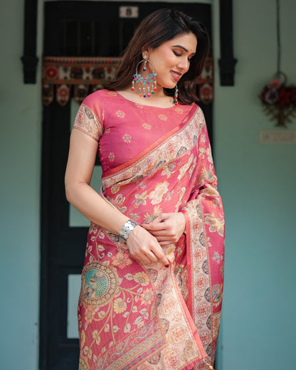 Soft Linen Cotton Saree With Kalamkari Printed Work