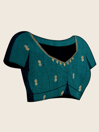 Fancy Rama Green Soft Vichitra Silk Saree With Embroidery Work