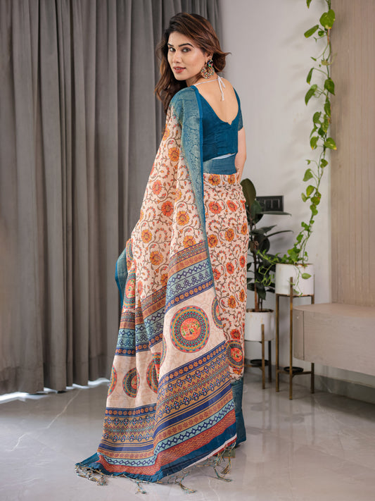 Multi Kalamkari Digital Printed Linen Cotton Saree