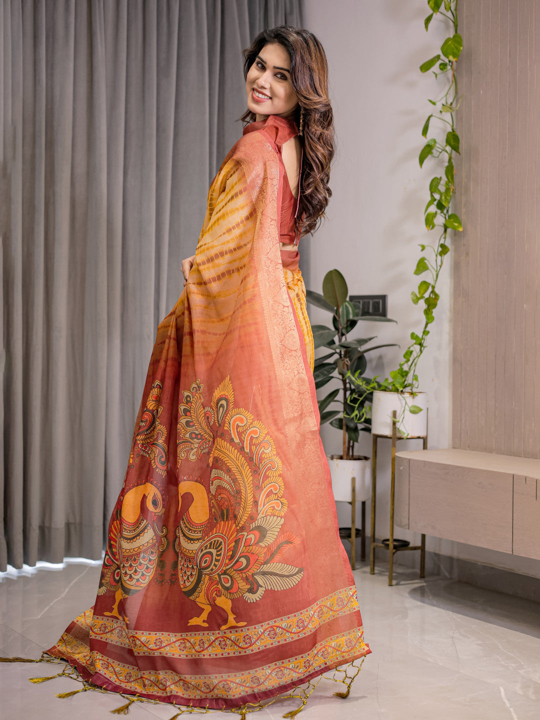 Kalamkari Digital Printed Linen Cotton Saree