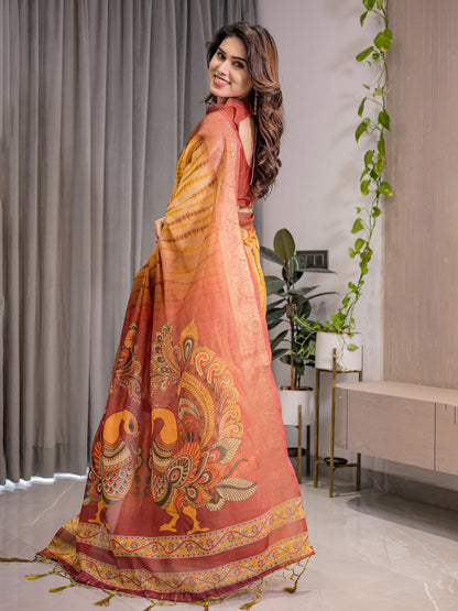 Kalamkari Digital Printed Linen Cotton Saree